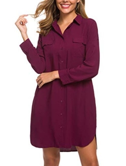 MANAIXUAN Women's Shirt Dress V Neck Long Sleeve Loose Casual with Pockets Front Button