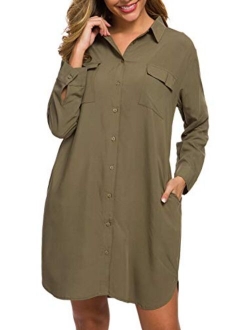 MANAIXUAN Women's Shirt Dress V Neck Long Sleeve Loose Casual with Pockets Front Button