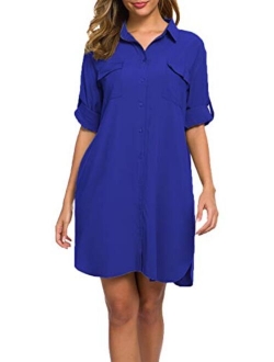 MANAIXUAN Women's Shirt Dress V Neck Long Sleeve Loose Casual with Pockets Front Button