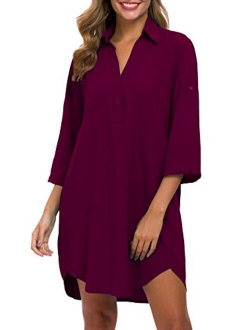 MANAIXUAN Women's Shirt Dress V Neck Long Sleeve Loose Casual with Pockets Front Button