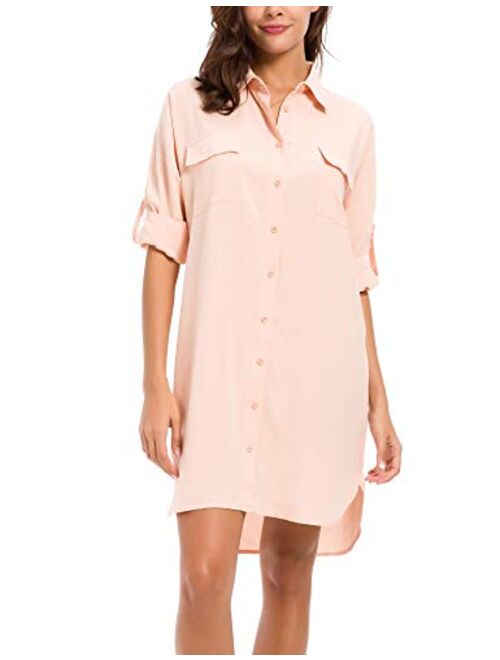 MANAIXUAN Women's Shirt Dress V Neck Long Sleeve Loose Casual with Pockets Front Button