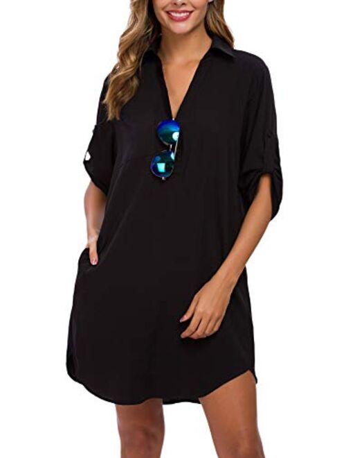 MANAIXUAN Women's Shirt Dress V Neck Long Sleeve Loose Casual with Pockets Front Button