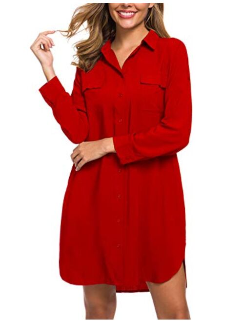 MANAIXUAN Women's Shirt Dress V Neck Long Sleeve Loose Casual with Pockets Front Button