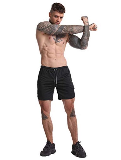 YKB Men's 2-in-1 Workout Running Shorts Lightweight Gym Yoga Training Sport Jogging Short Pants