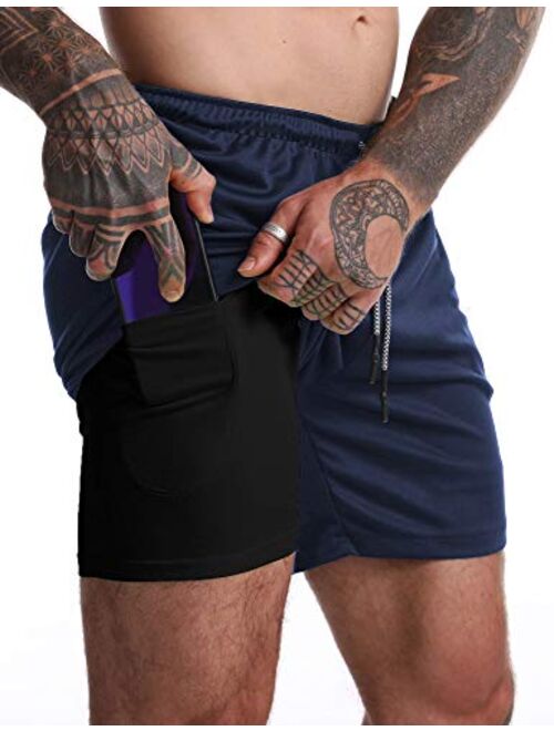 YKB Men's 2-in-1 Workout Running Shorts Lightweight Gym Yoga Training Sport Jogging Short Pants