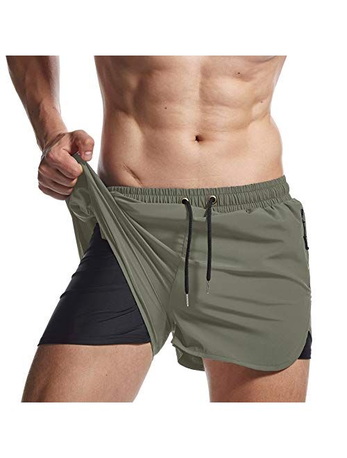 AIMPACT Mens 2 in 1 Workout Running Shorts Quick Dry Stretch Swim Trunks with Zipper Pockets