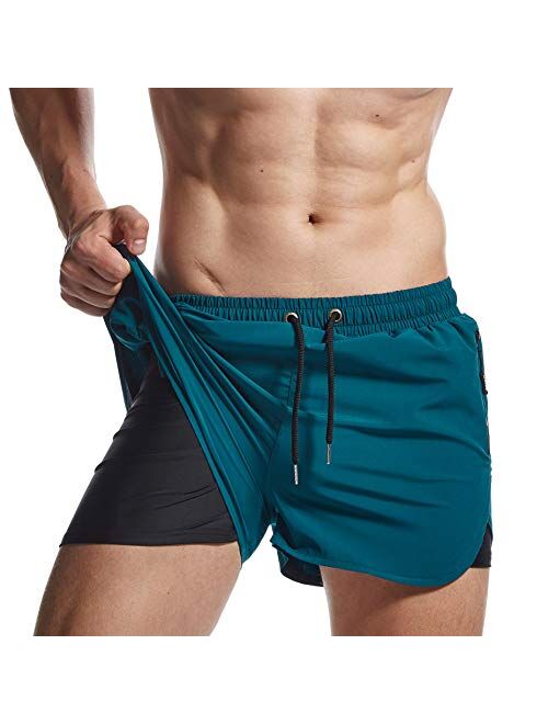 AIMPACT Mens 2 in 1 Workout Running Shorts Quick Dry Stretch Swim Trunks with Zipper Pockets