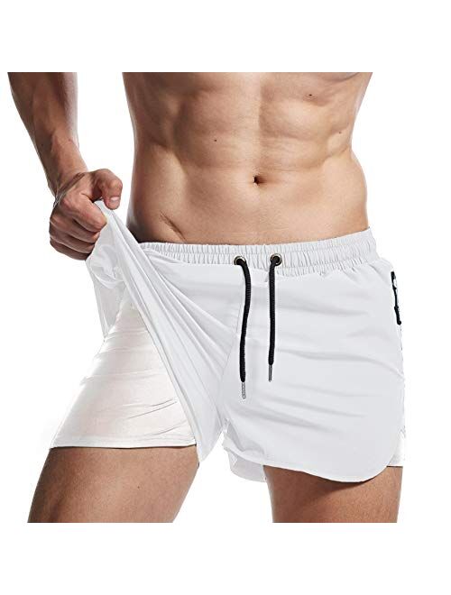 AIMPACT Mens 2 in 1 Workout Running Shorts Quick Dry Stretch Swim Trunks with Zipper Pockets