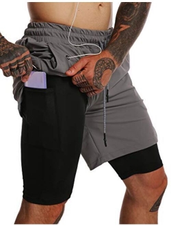 GYMBULLFIGHT Mens 2 in 1 Running Shorts 7" Quick Dry Gym Athletic Workout Short Pants for Men with Phone Pockets