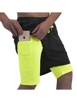 qualidyne Men's 2 in 1 Running Shorts with Phone Pockets, Sports Workout Quick Dry 5" Athletic Training Shorts