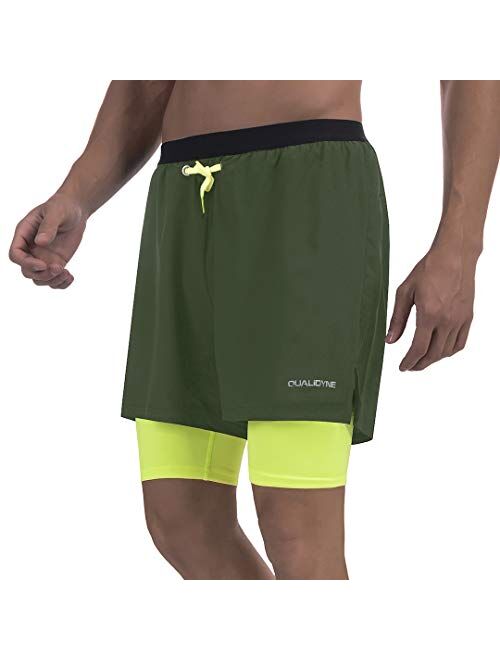 qualidyne Men's 2 in 1 Running Shorts with Phone Pockets, Sports Workout Quick Dry 5" Athletic Training Shorts