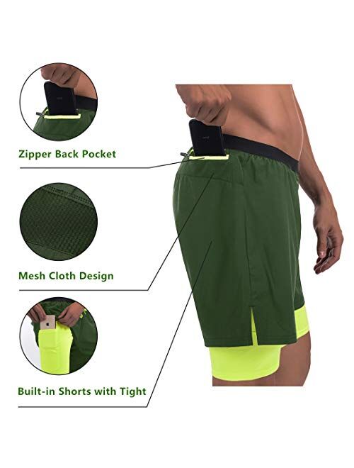 qualidyne Men's 2 in 1 Running Shorts with Phone Pockets, Sports Workout Quick Dry 5" Athletic Training Shorts