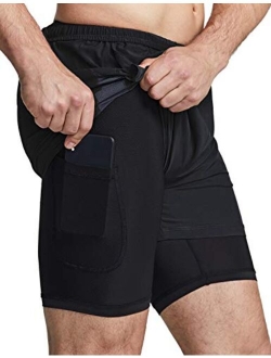 TSLA Men's 2 in 1 Active Running Shorts, Quick Dry Exercise Workout Shorts, Gym Training Athletic Shorts with Pockets