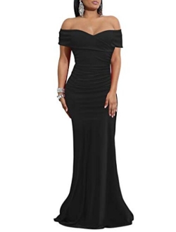 WHONE Women's Sexy Off Shoulder Bodycon Cocktail Formal Elegant Party Prom Long Maxi Dress