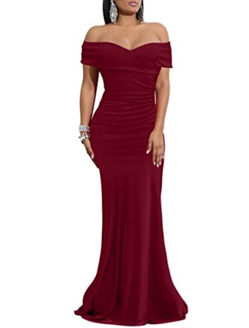 WHONE Women's Sexy Off Shoulder Bodycon Cocktail Formal Elegant Party Prom Long Maxi Dress