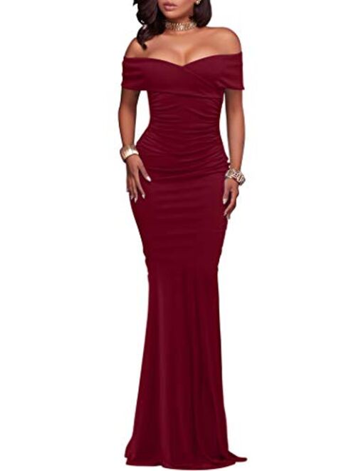 WHONE Women's Sexy Off Shoulder Bodycon Cocktail Formal Elegant Party Prom Long Maxi Dress