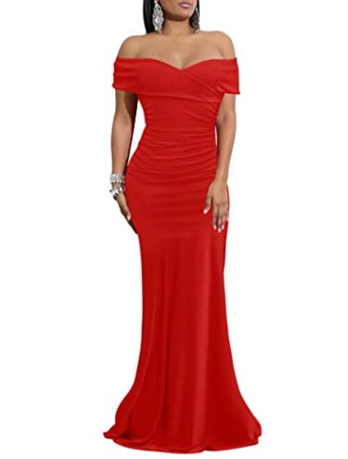 WHONE Women's Sexy Off Shoulder Bodycon Cocktail Formal Elegant Party Prom Long Maxi Dress