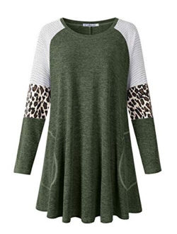 Jollielovin Plus Size Tops For Women Cute Swing Fall Clothes Ladies Leopard Print Tunic Tops with Pockets