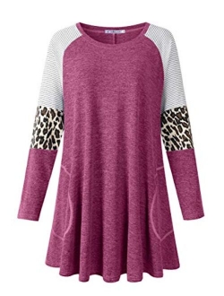 Jollielovin Plus Size Tops For Women Cute Swing Fall Clothes Ladies Leopard Print Tunic Tops with Pockets