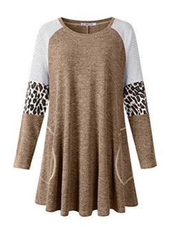 Jollielovin Plus Size Tops For Women Cute Swing Fall Clothes Ladies Leopard Print Tunic Tops with Pockets