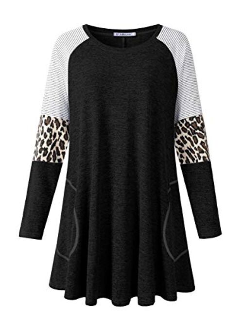 Jollielovin Plus Size Tops For Women Cute Swing Fall Clothes Ladies Leopard Print Tunic Tops with Pockets