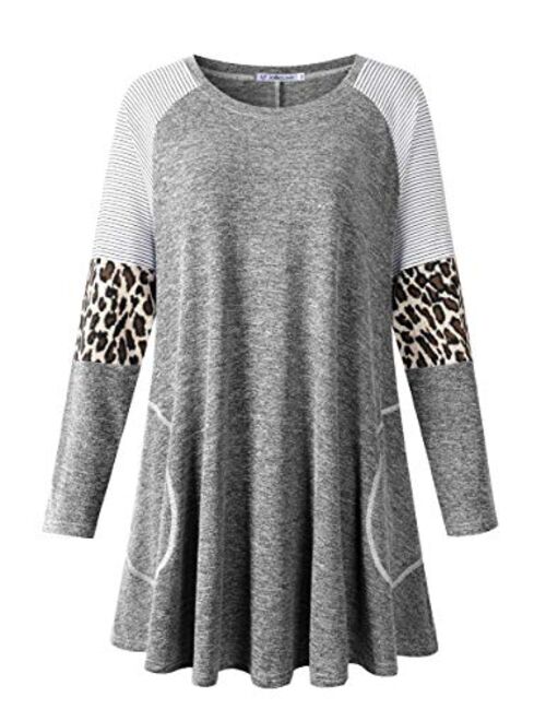 Jollielovin Plus Size Tops For Women Cute Swing Fall Clothes Ladies Leopard Print Tunic Tops with Pockets