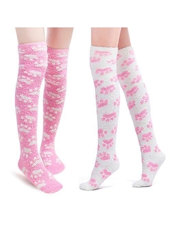 Cute Coral Fleece Thigh High Long Paws Patten Socks 2 Pairs