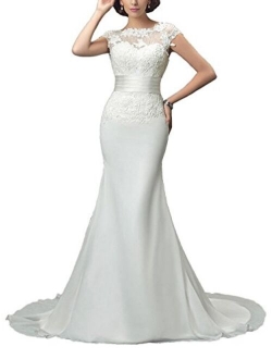 SDRESS Cap Sleeve Crew Neck Appliques Long Mermaid Wedding Dress