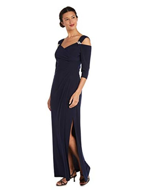 R&M Richards Diamond Neckline Empire Waist Cold Shoulder with Sleeve Dress