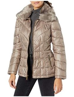 New York womens Zip Front Puffer With Faux Fur Collar