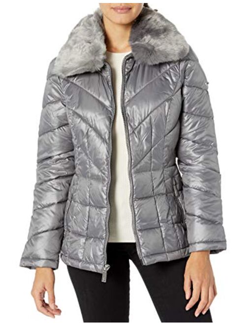 Kenneth Cole New York womens Zip Front Puffer With Faux Fur Collar