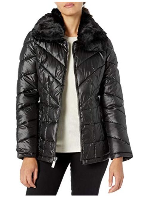 Kenneth Cole New York womens Zip Front Puffer With Faux Fur Collar