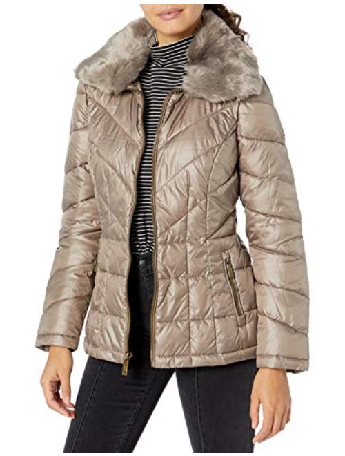 Kenneth Cole New York womens Zip Front Puffer With Faux Fur Collar