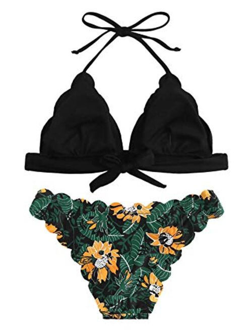 SweatyRocks Women's Sexy Bathing Suits Scallop Halter Bikini Top Floral Print Two Piece Swimsuits