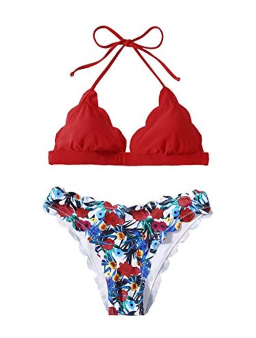 SweatyRocks Women's Sexy Bathing Suits Scallop Halter Bikini Top Floral Print Two Piece Swimsuits