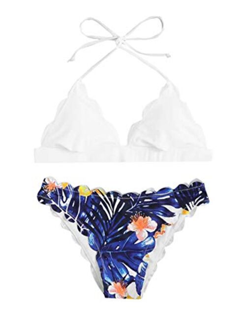 SweatyRocks Women's Sexy Bathing Suits Scallop Halter Bikini Top Floral Print Two Piece Swimsuits