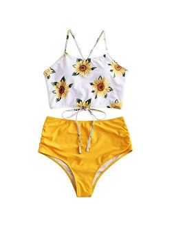 Women's Sunflower Tankini Set Ruched High Waisted Bathing Suit