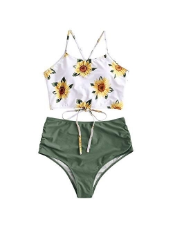 Women's Sunflower Tankini Set Ruched High Waisted Bathing Suit