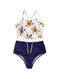 Women's Sunflower Tankini Set Ruched High Waisted Bathing Suit