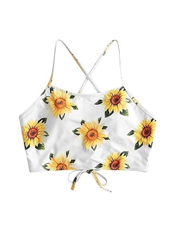 Women's Sunflower Tankini Set Ruched High Waisted Bathing Suit
