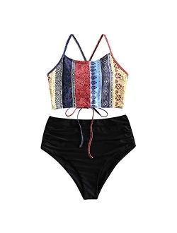 Women's Sunflower Tankini Set Ruched High Waisted Bathing Suit