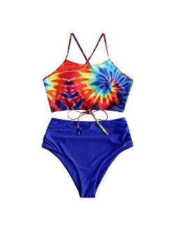 Women's Sunflower Tankini Set Ruched High Waisted Bathing Suit