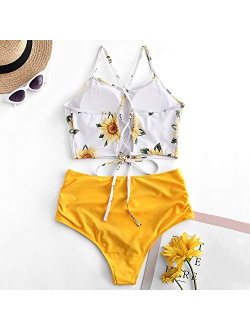 ZAFUL Women's Sunflower Tankini Set Ruched High Waisted Bathing Suit