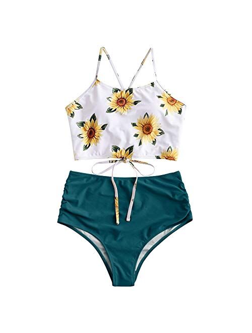 ZAFUL Women's Sunflower Tankini Set Ruched High Waisted Bathing Suit