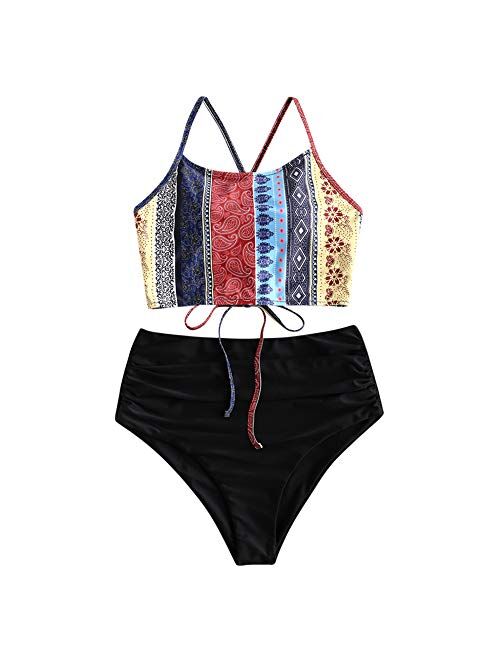 ZAFUL Women's Sunflower Tankini Set Ruched High Waisted Bathing Suit