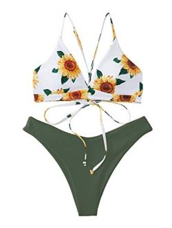 JOJO LEMON Women’s Sunflower Bathing Suit Lace Up Bikini Set High Waist Floral Print Two Piece Swimsuits