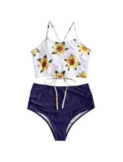 Women's Floral Leaf Print Lace-up Criss Cross Tankini Set High Waisted Scoop Collar Padded Bathing Suit