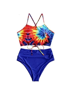 Women's Floral Leaf Print Lace-up Criss Cross Tankini Set High Waisted Scoop Collar Padded Bathing Suit