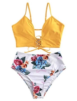 Women's Floral Leaf Print Lace-up Criss Cross Tankini Set High Waisted Scoop Collar Padded Bathing Suit