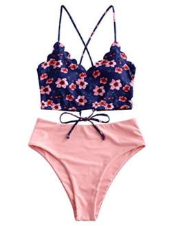 Women's Floral Leaf Print Lace-up Criss Cross Tankini Set High Waisted Scoop Collar Padded Bathing Suit